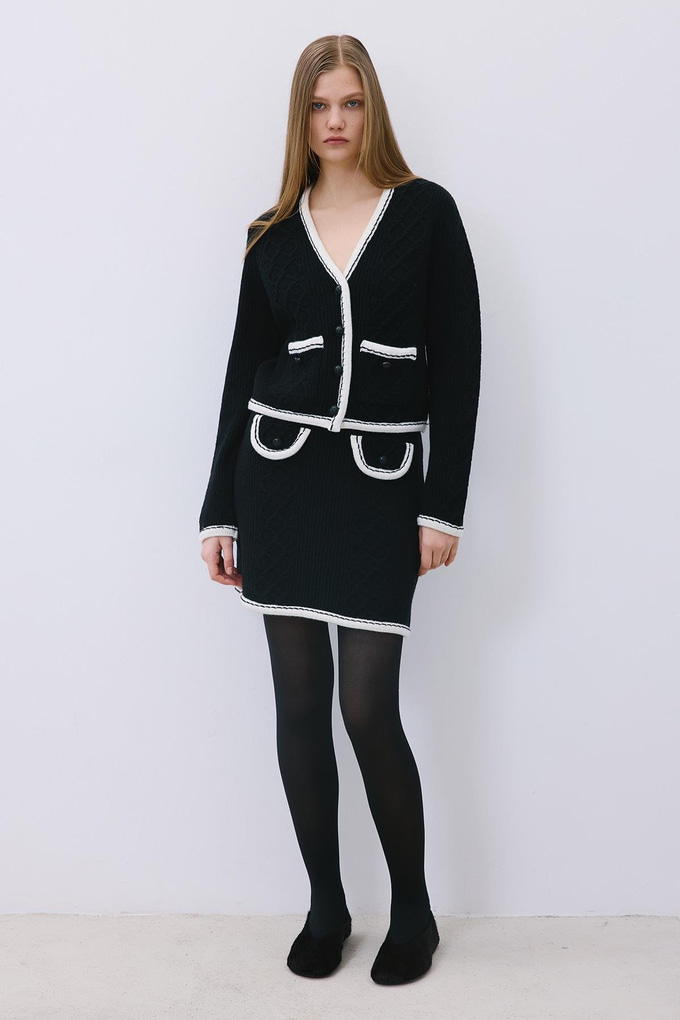 Black Knit Cardigan with Contrast Piping