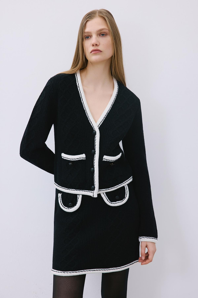 Black Knit Cardigan with Contrast Piping