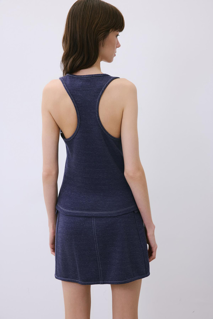 Indigo Knit Basic Blouse with Contrast Stitch