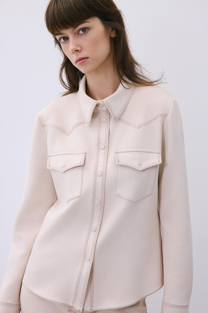 Beige Suede Shirt with Contrast Stitch