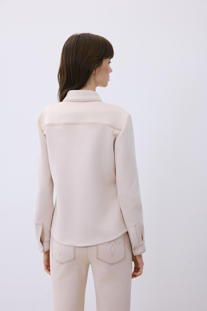 Beige Suede Shirt with Contrast Stitch