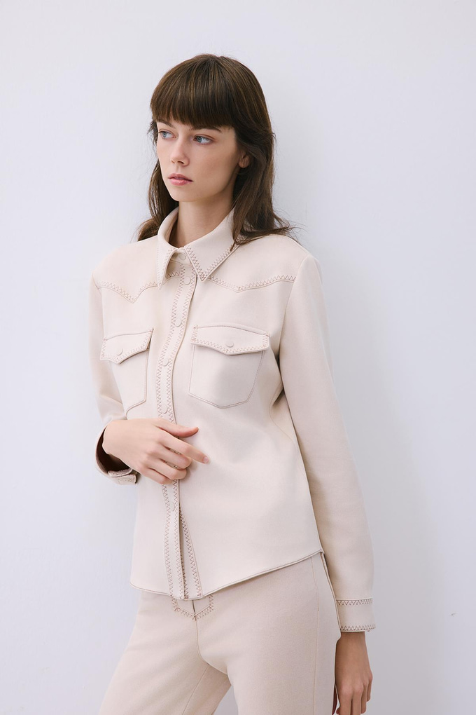 Beige Suede Shirt with Contrast Stitch