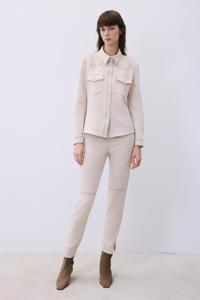Beige Suede Shirt with Contrast Stitch