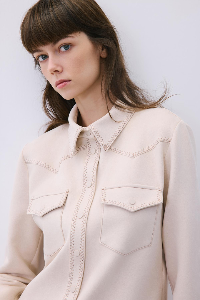 Beige Suede Shirt with Contrast Stitch