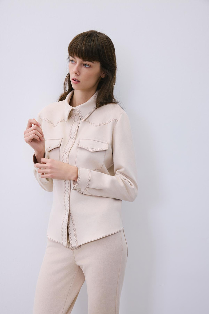 Beige Suede Shirt with Contrast Stitch