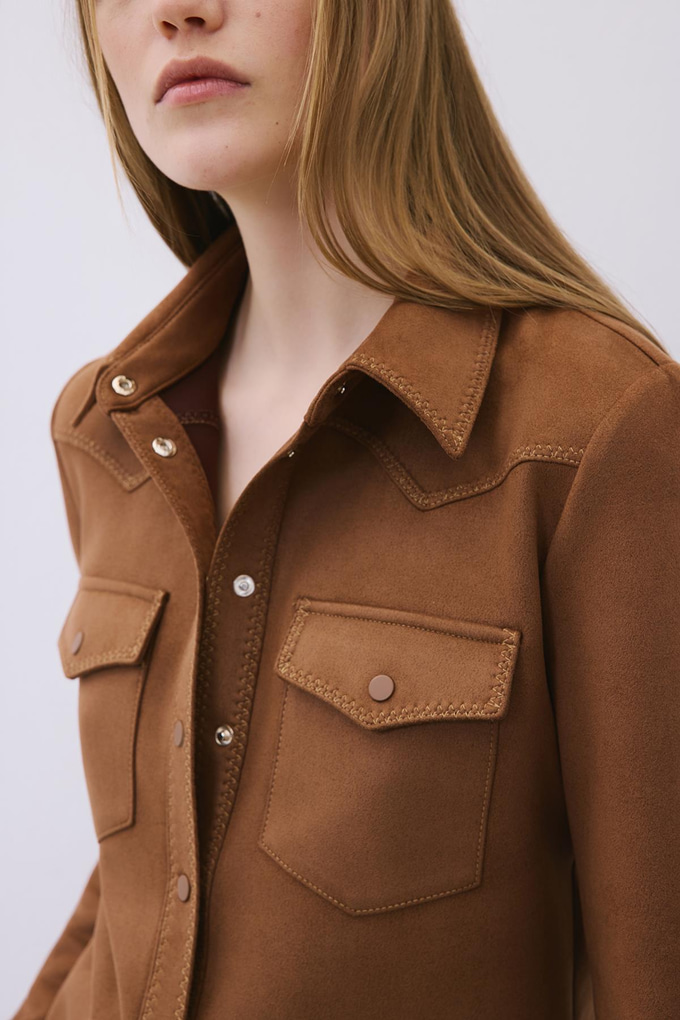 Kontrast Dikişli Süet Kahve Gömlek