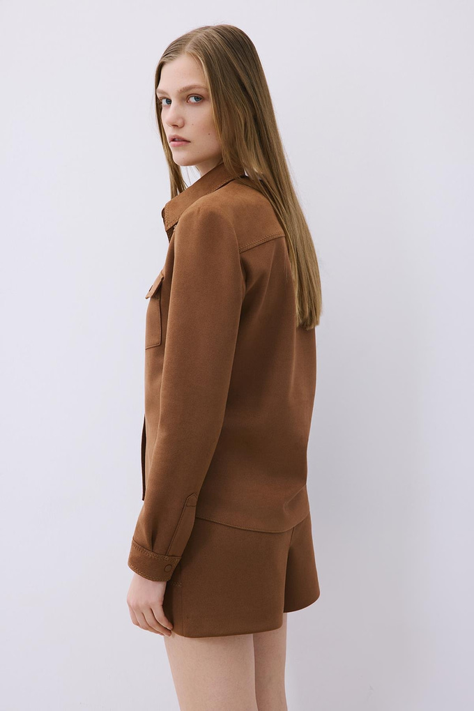 Kontrast Dikişli Süet Kahve Gömlek