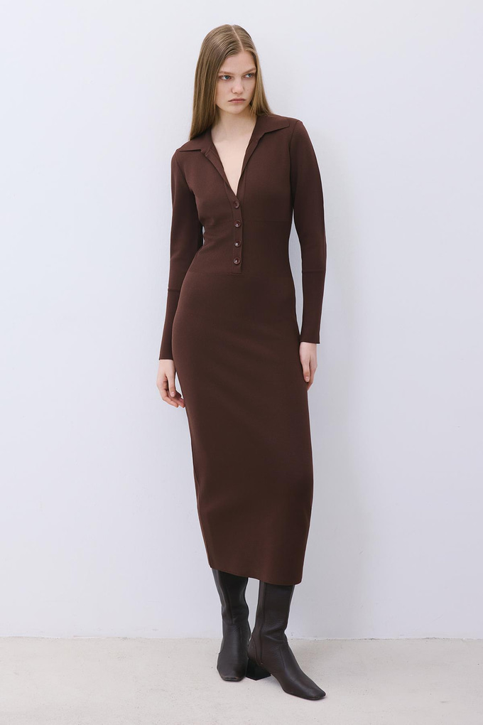 Brown Long Knit Corset Dress
