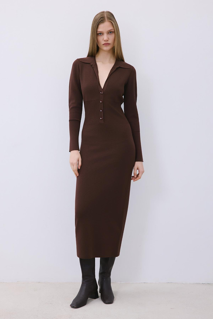Brown Long Knit Corset Dress