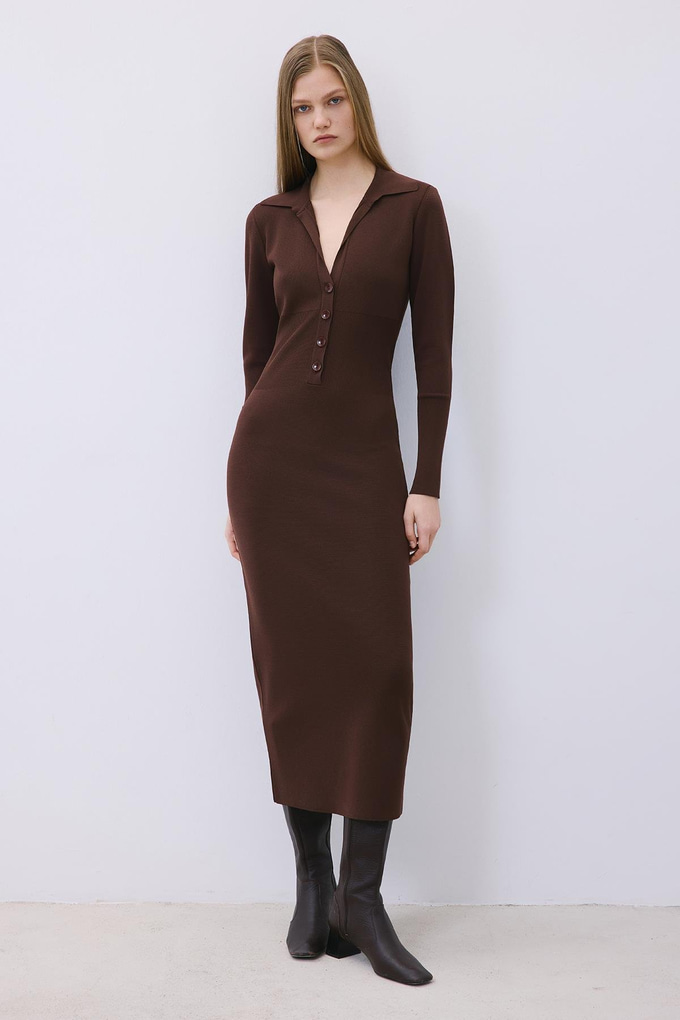 Brown Long Knit Corset Dress