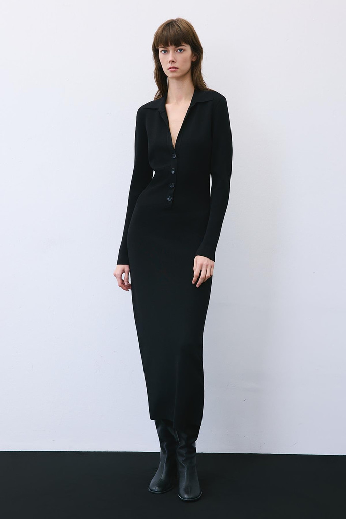 Korsajlı Uzun Siyah Triko Elbise