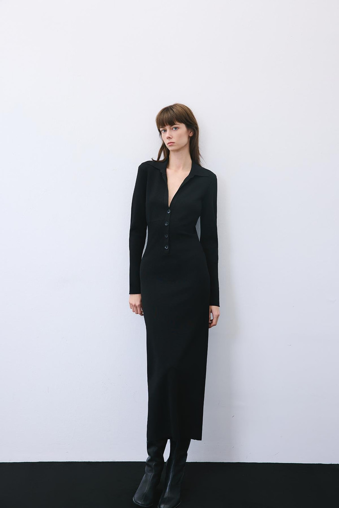 Korsajlı Uzun Siyah Triko Elbise