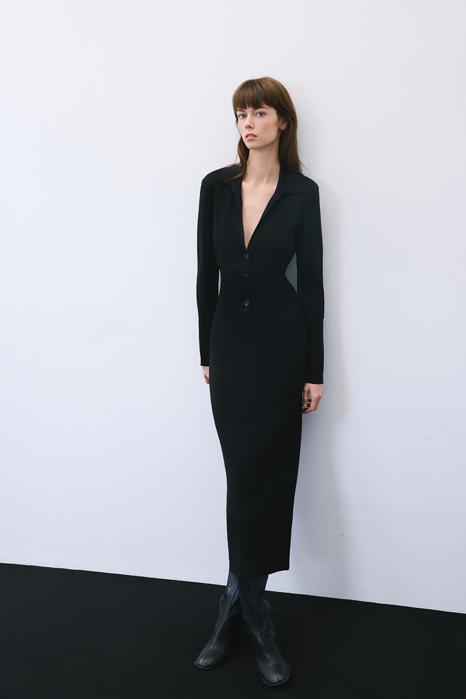 Korsajlı Uzun Siyah Triko Elbise