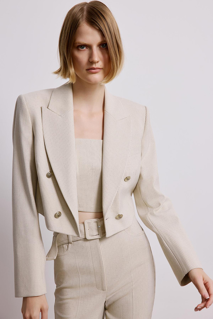 Ecru Striped Wrap Crop Blazer