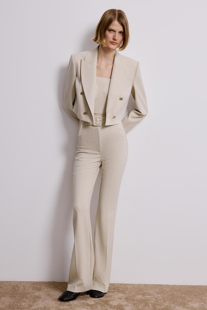 Ecru Striped Wrap Crop Blazer