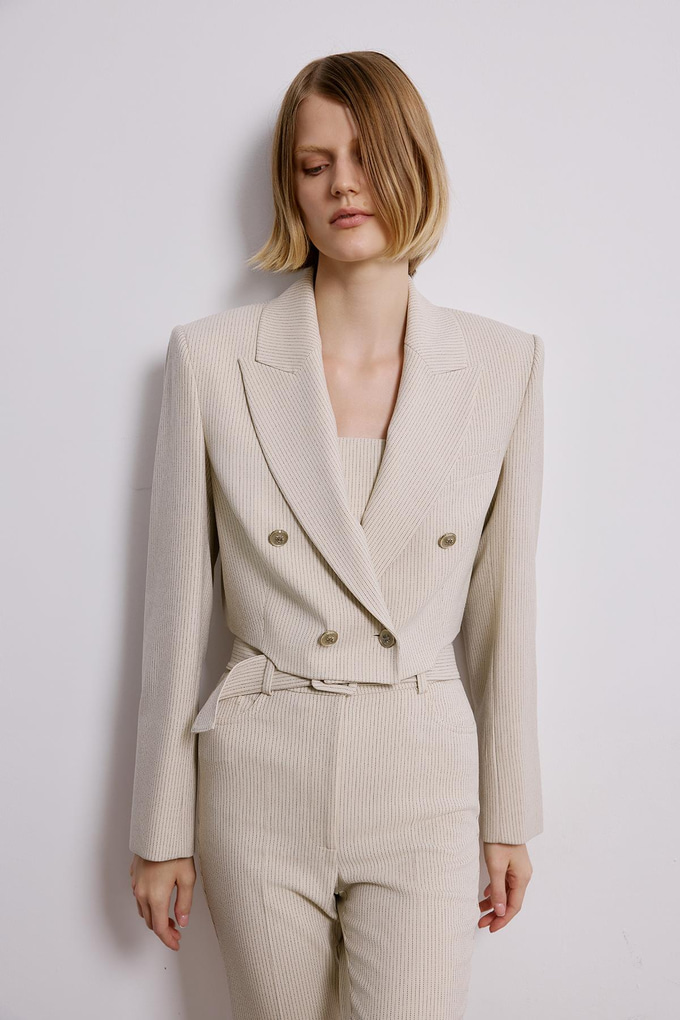 Ecru Striped Wrap Crop Blazer