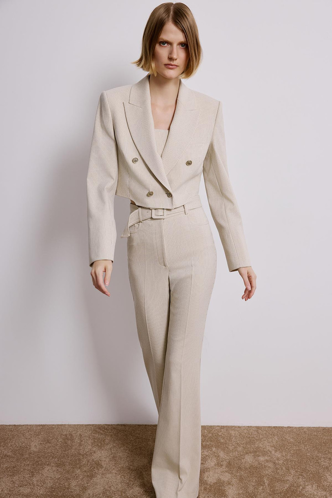 Ecru Striped Wrap Crop Blazer
