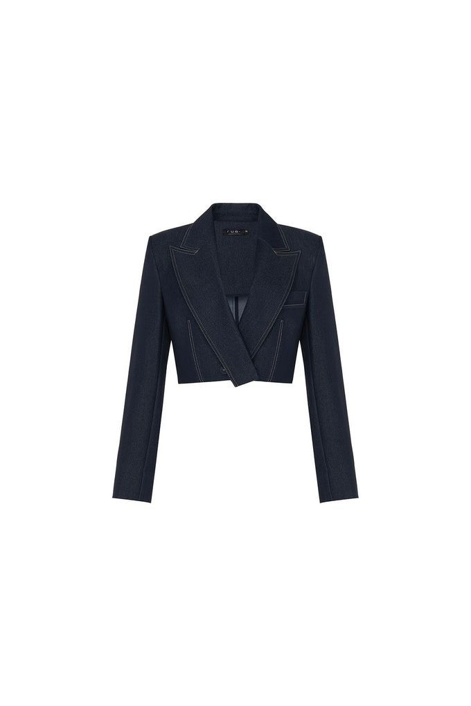Kruvaze Kapama Vatkalı Lacivert Denim Crop Ceket