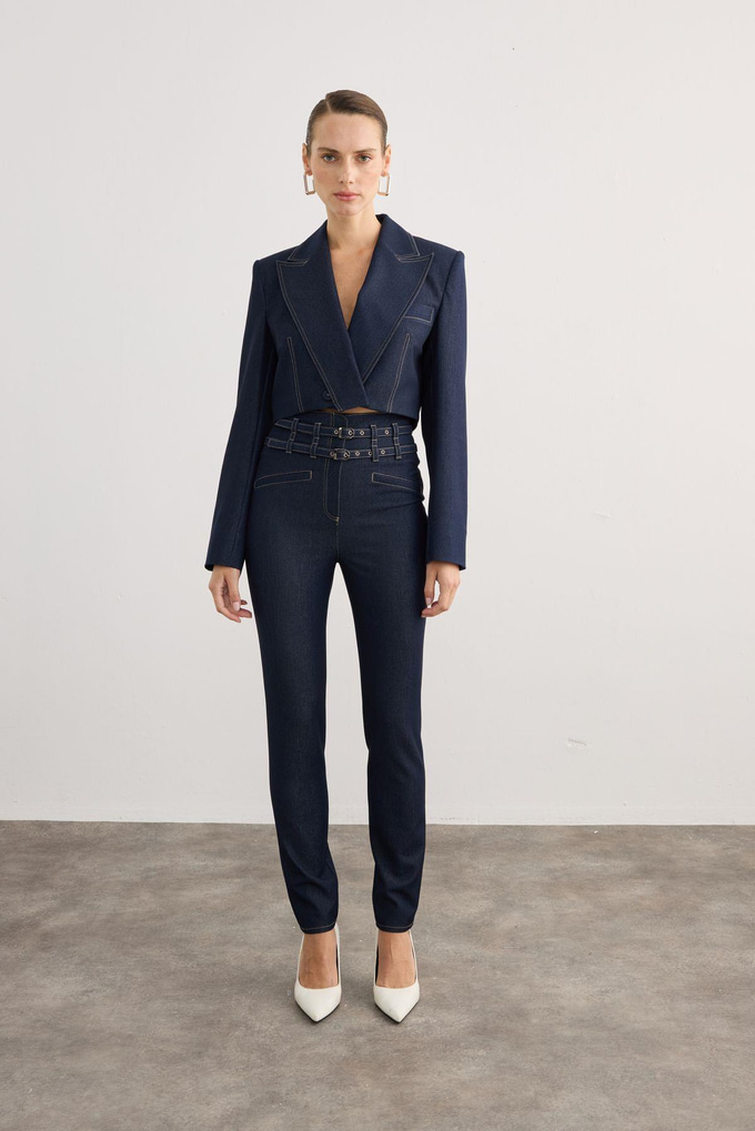 Kruvaze Kapama Vatkalı Lacivert Denim Crop Ceket