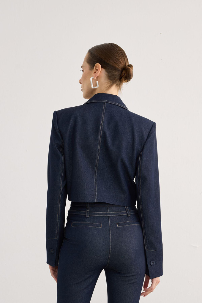 Kruvaze Kapama Vatkalı Lacivert Denim Crop Ceket