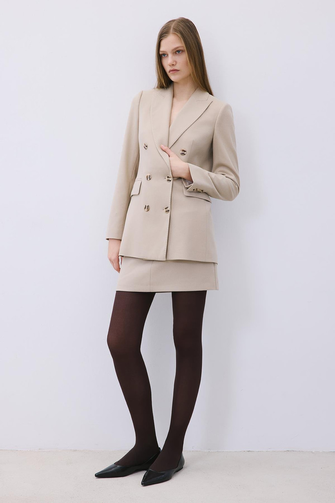 Beige Wool-Blend Double-Breasted Jacket