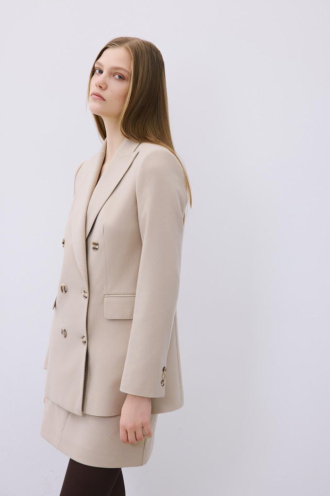 Beige Wool-Blend Double-Breasted Jacket