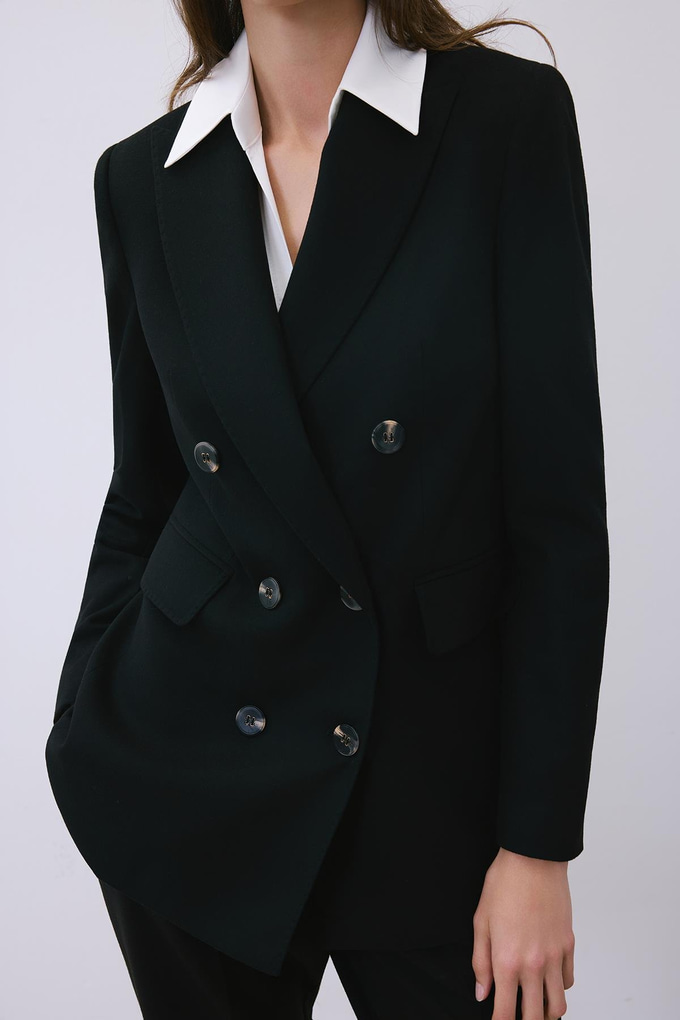 Black Wool-Blend Double-Breasted Jacket