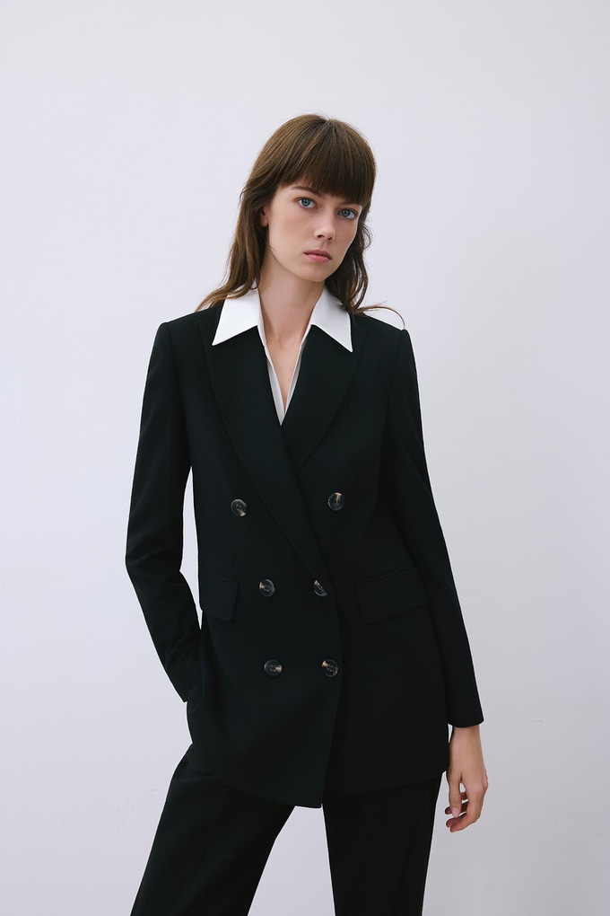 Black Wool-Blend Double-Breasted Jacket