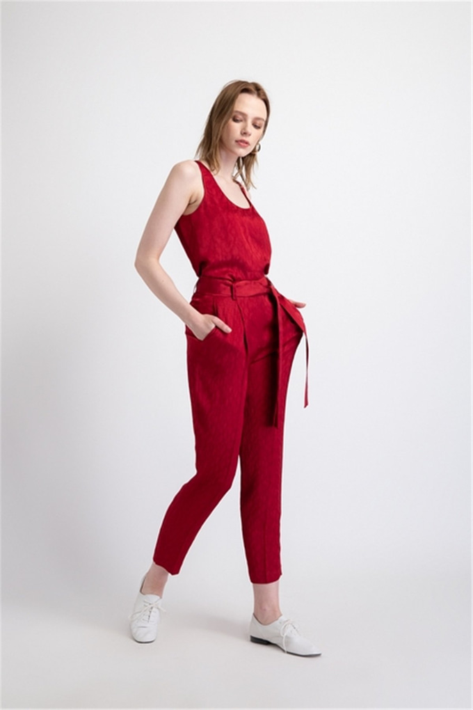 Kuşak Detaylı, Jakarlı Pantolon Bordo
