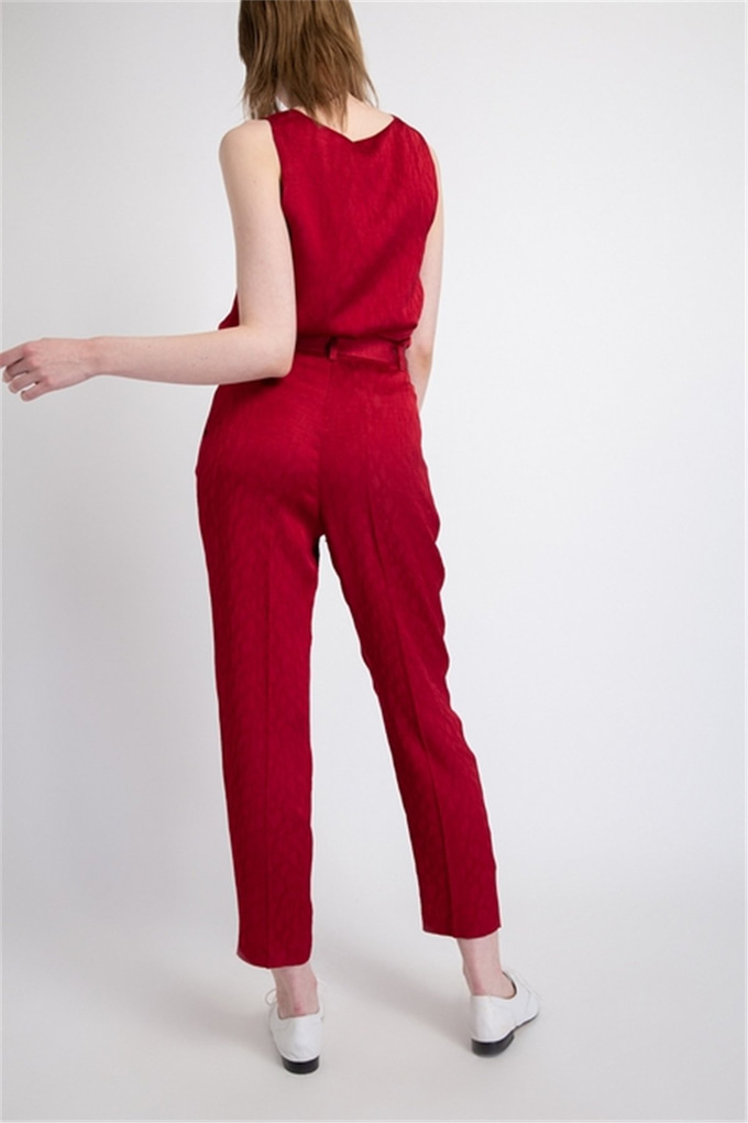 Kuşak Detaylı, Jakarlı Pantolon Bordo