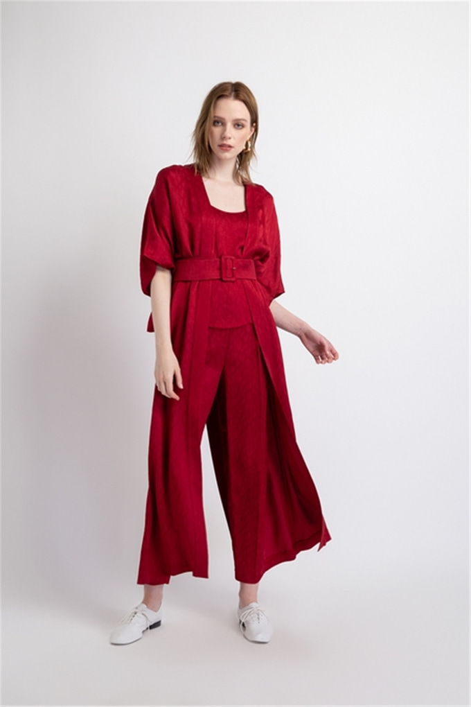 Kuşak Detaylı, Jakarlı Pantolon Bordo
