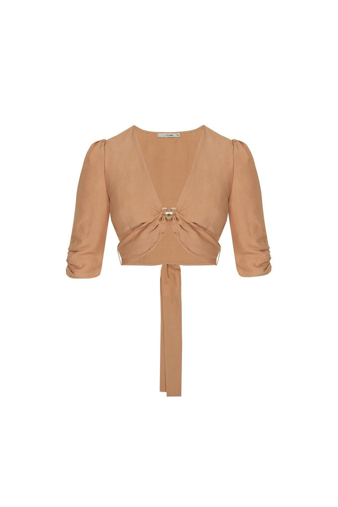 Kuşak Detaylı V Yaka Camel Bluz
