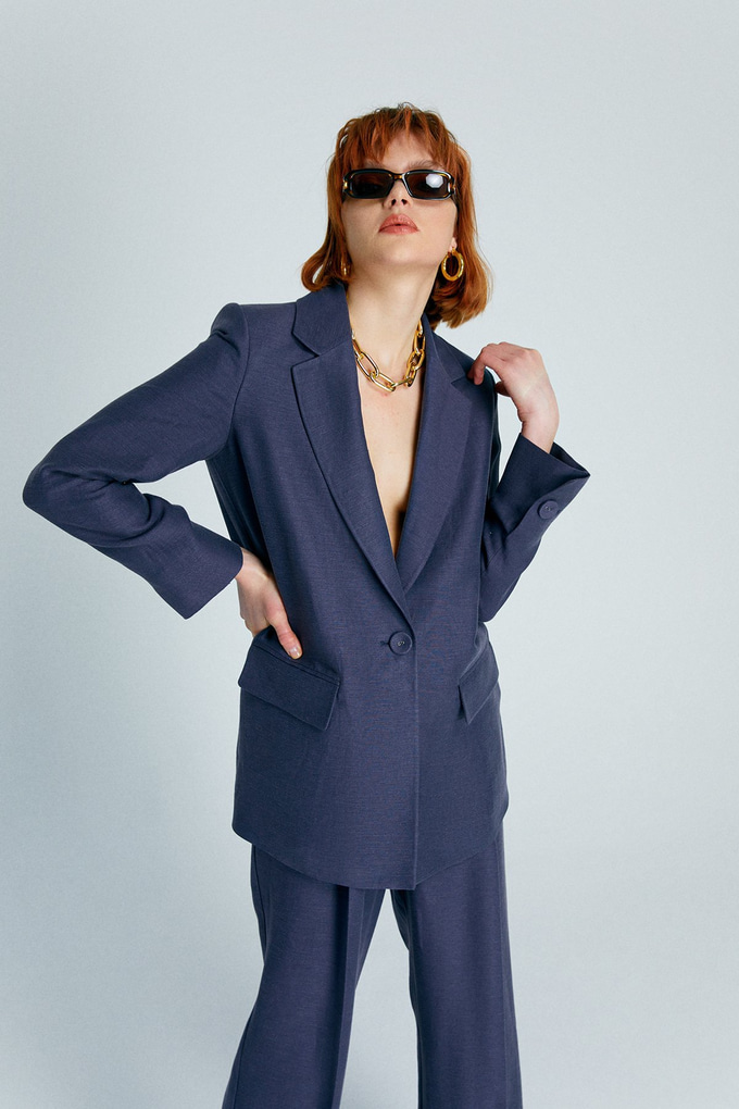 Lacivert Oversize Tek Düğmeli Keten Blazer