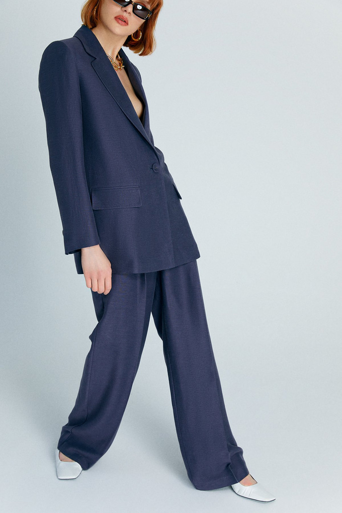 Lacivert Oversize Tek Düğmeli Keten Blazer
