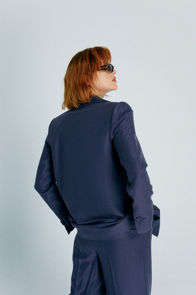 Lacivert Oversize Tek Düğmeli Keten Blazer