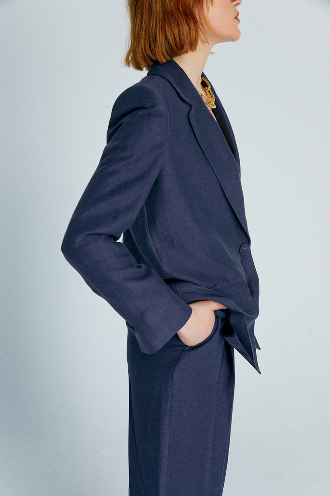 Lacivert Oversize Tek Düğmeli Keten Blazer