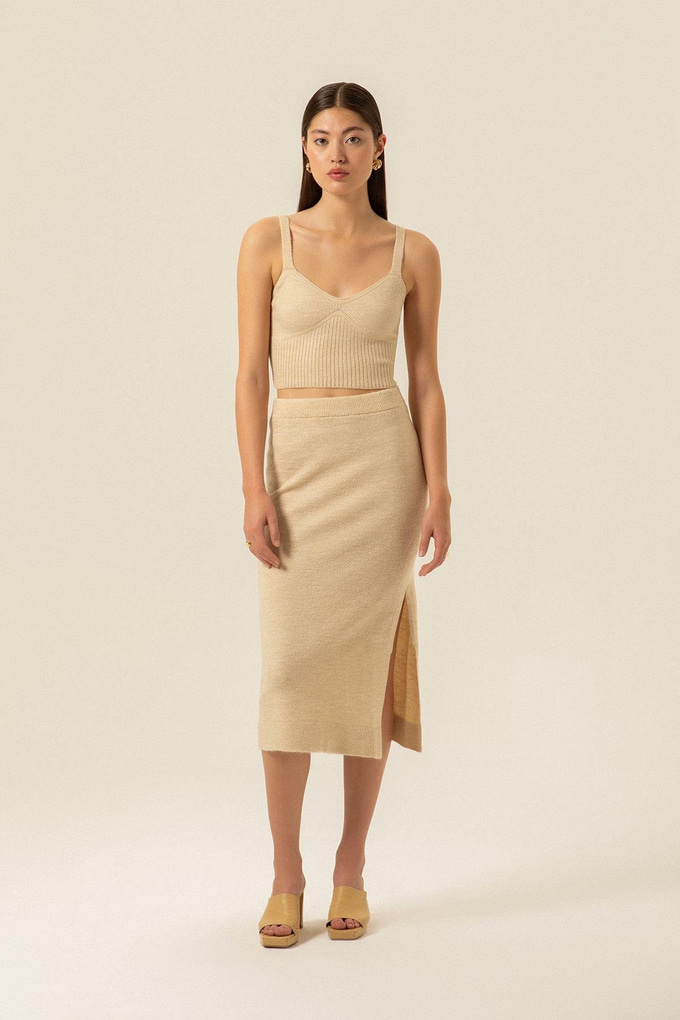 Elastic Waist Midi Camel Knit Skirt