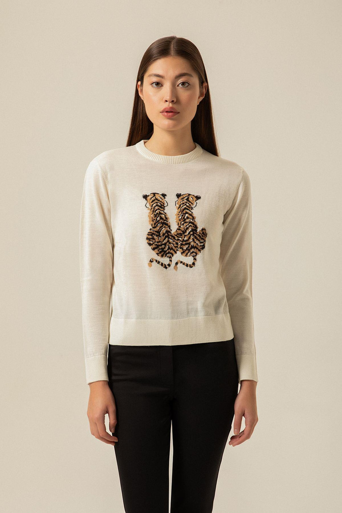 Leopar Detaylı Ekru Triko Kazak