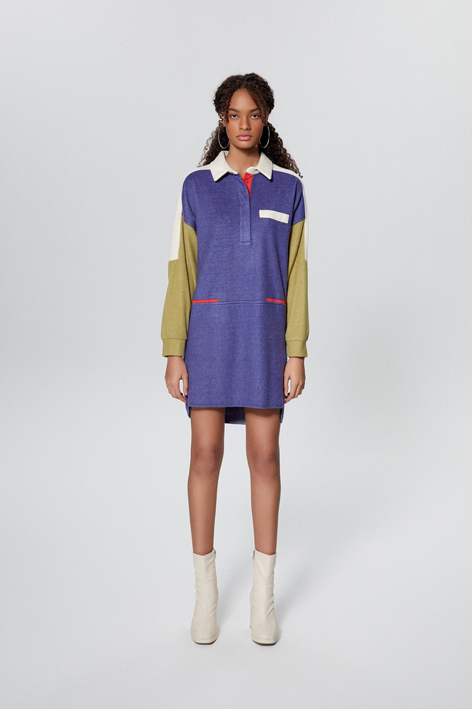 Mavi Renk Bloklu Mini Sweat Elbise