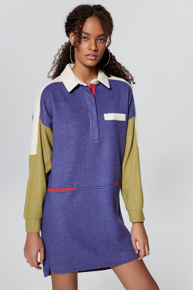 Mavi Renk Bloklu Mini Sweat Elbise