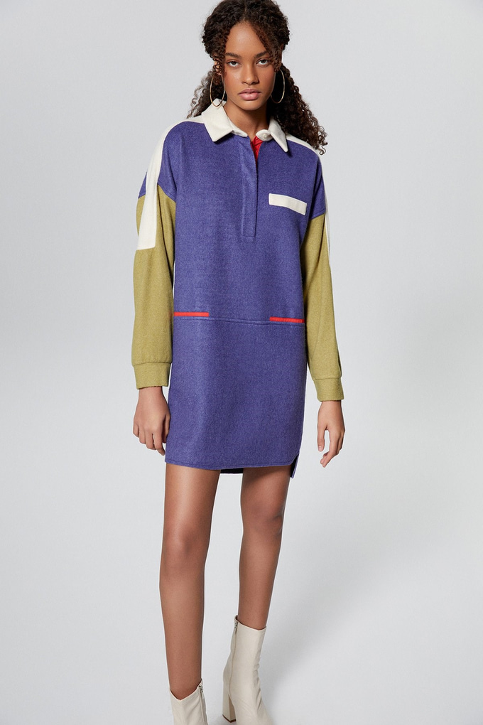 Mavi Renk Bloklu Mini Sweat Elbise