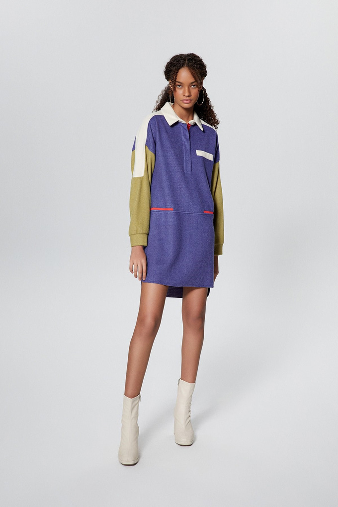 Mavi Renk Bloklu Mini Sweat Elbise