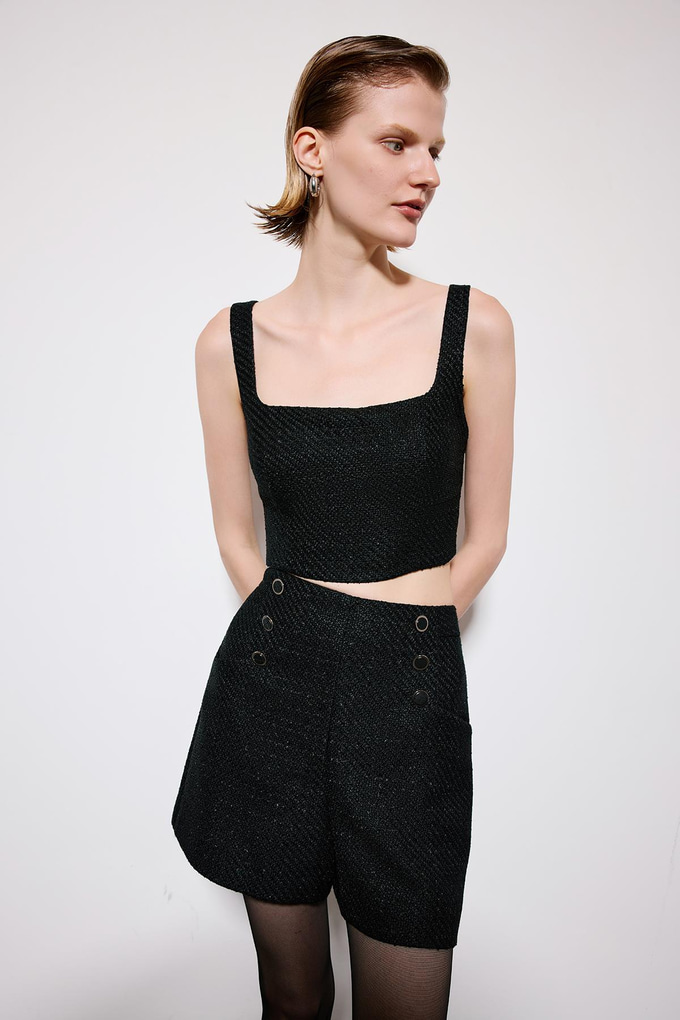 Black Tweed Shorts With Metal Buttons