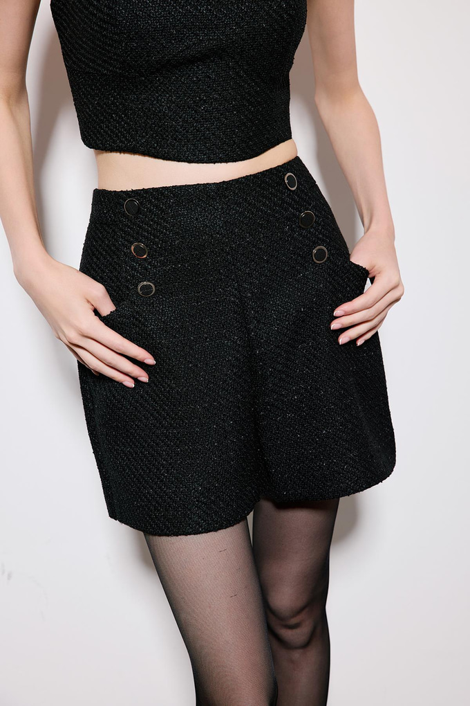 Black Tweed Shorts With Metal Buttons