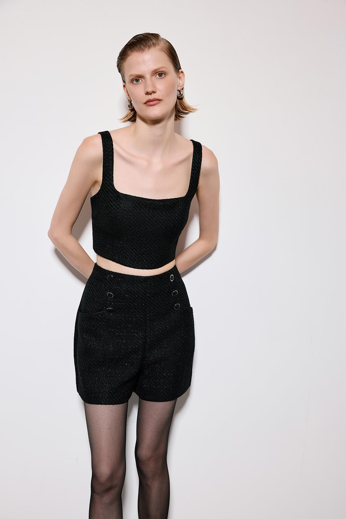 Black Tweed Shorts With Metal Buttons