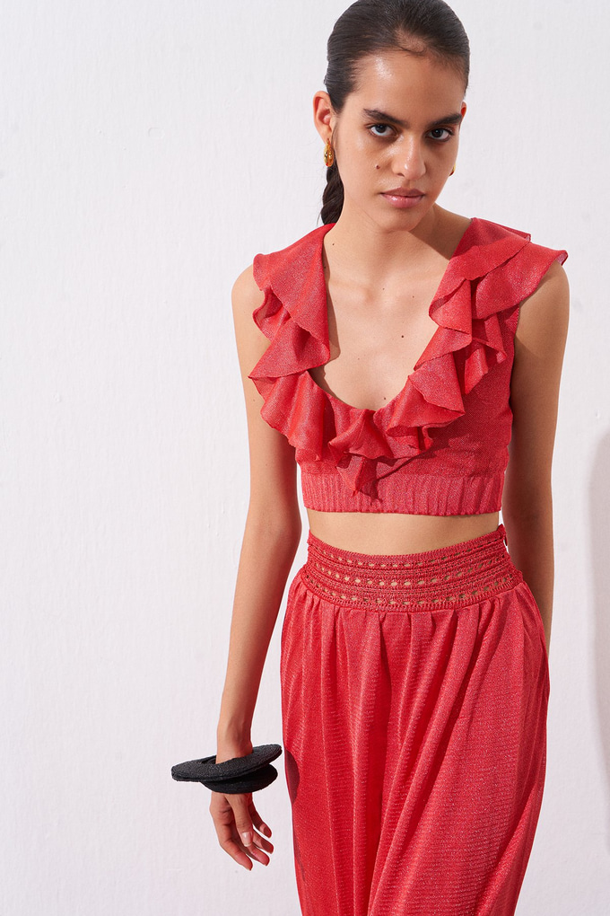 Narçiçeği Fırfırlı Crop Triko Bluz