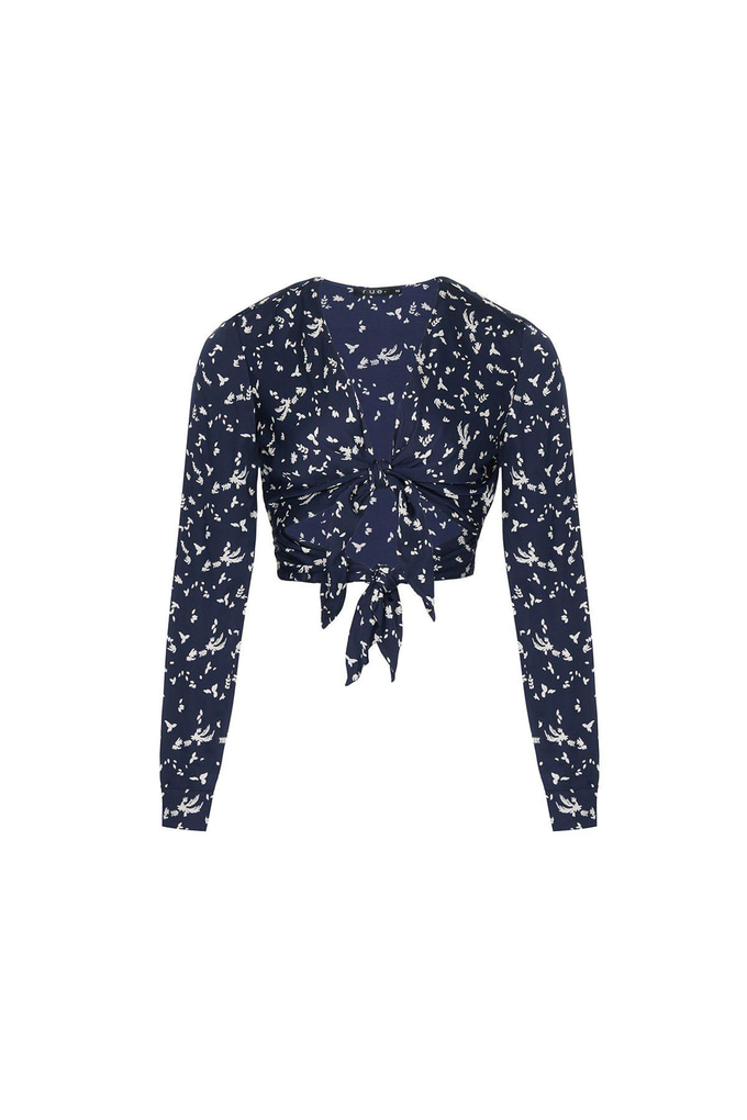 Önden Bağlamalı Desenli Lacivert Crop Top