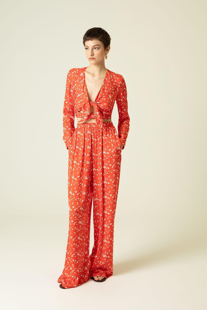 Önden Bağlamalı Desenli Narçiçeği Bluz