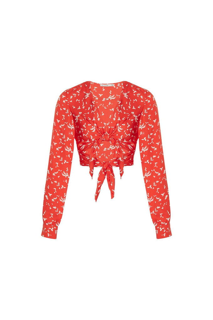 Önden Bağlamalı Desenli Narçiçeği Bluz