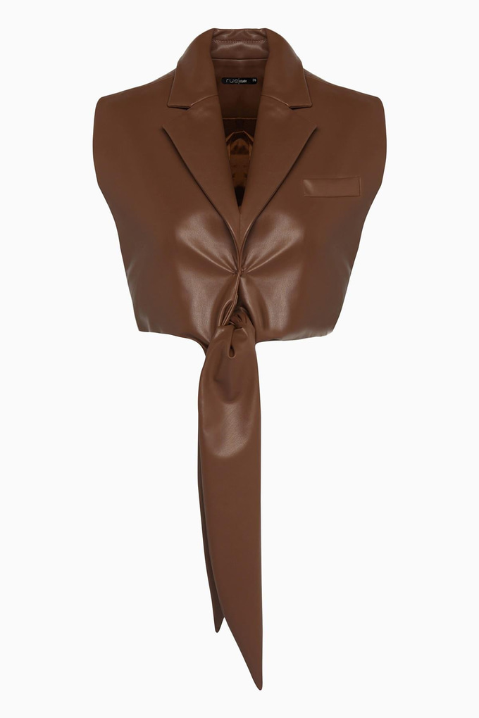 Front Tie Sleeveless Camel Faux Leather Vest